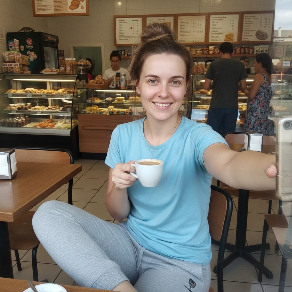 Mulher sorridente com uma xícara de café na mão tira uma selfie dentro de uma padaria.