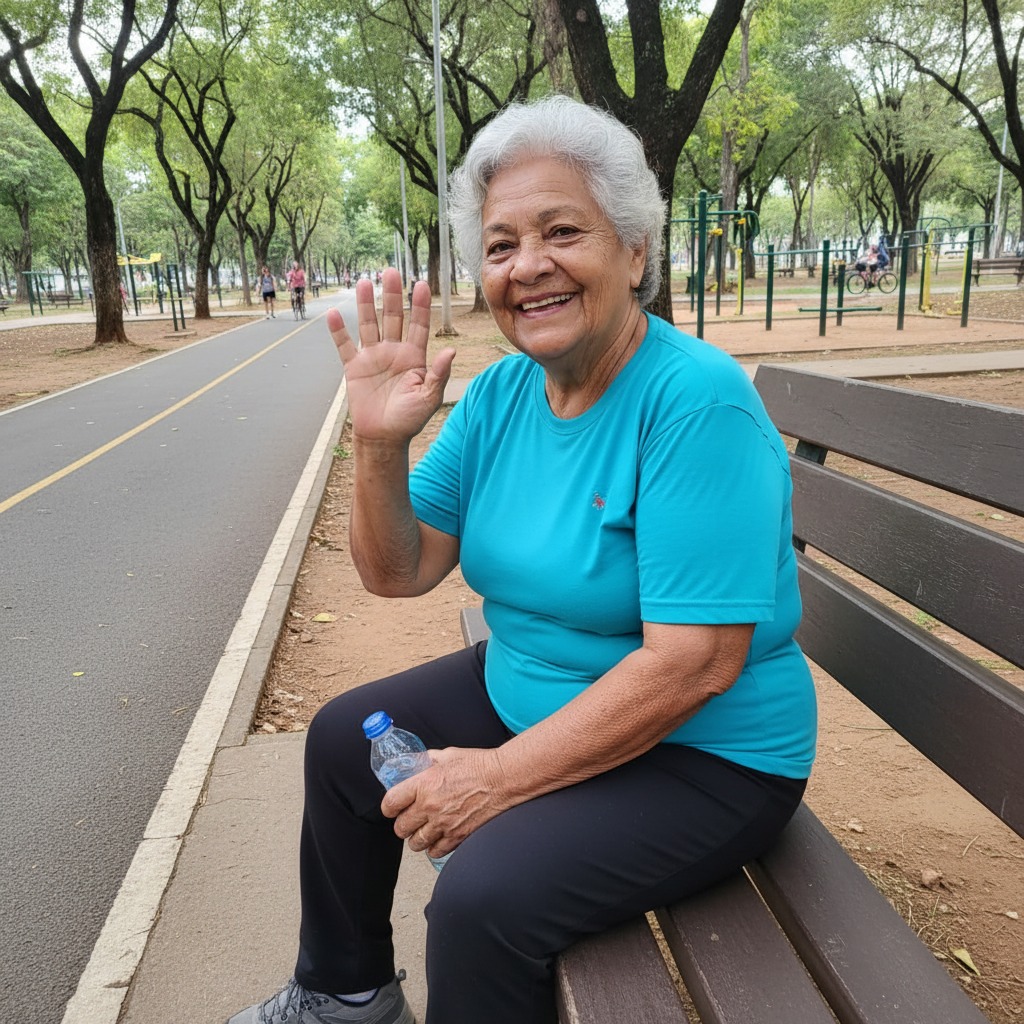 Mulher idosa de cabelos brancos, vestindo camiseta azul, sentada em um banco de parque acenando com a mão e segurando uma garrafa de água.