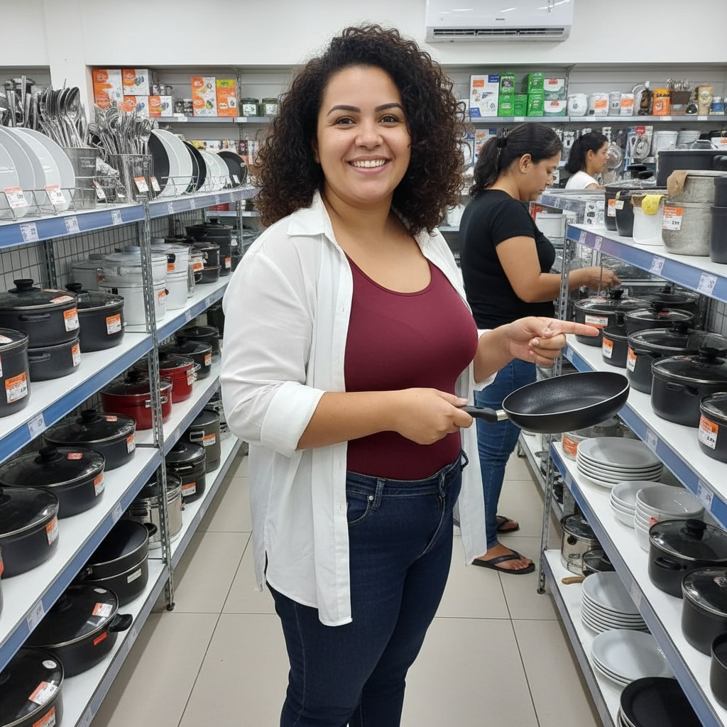 Uma mulher sorridente segura uma frigideira em um corredor de loja de utensílios domésticos.